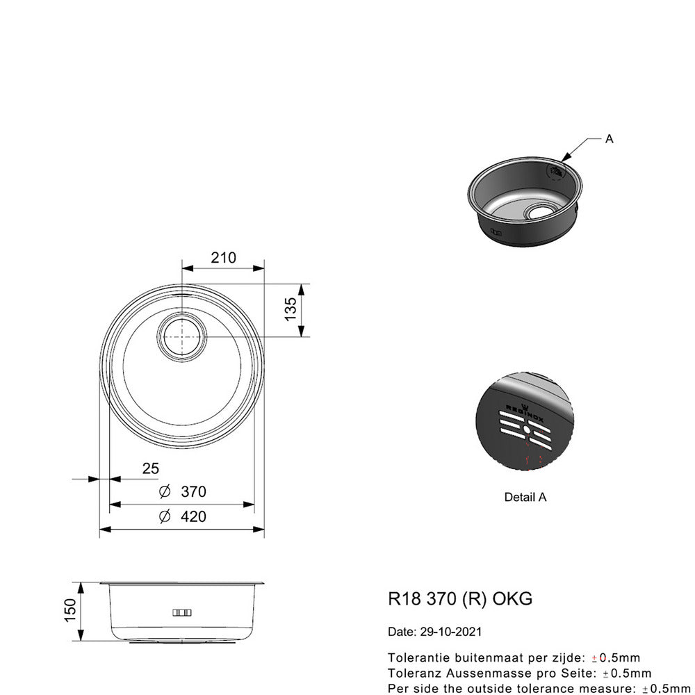Reginox Spoelbak R18 370 RVS Rond Opbouw-10003270