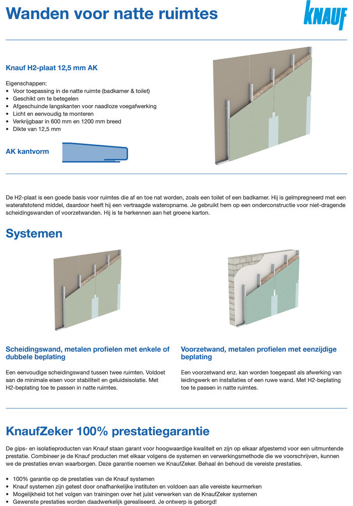 Knauf Gipsplaat H2 AK Waterwerend 12,5mm-402225