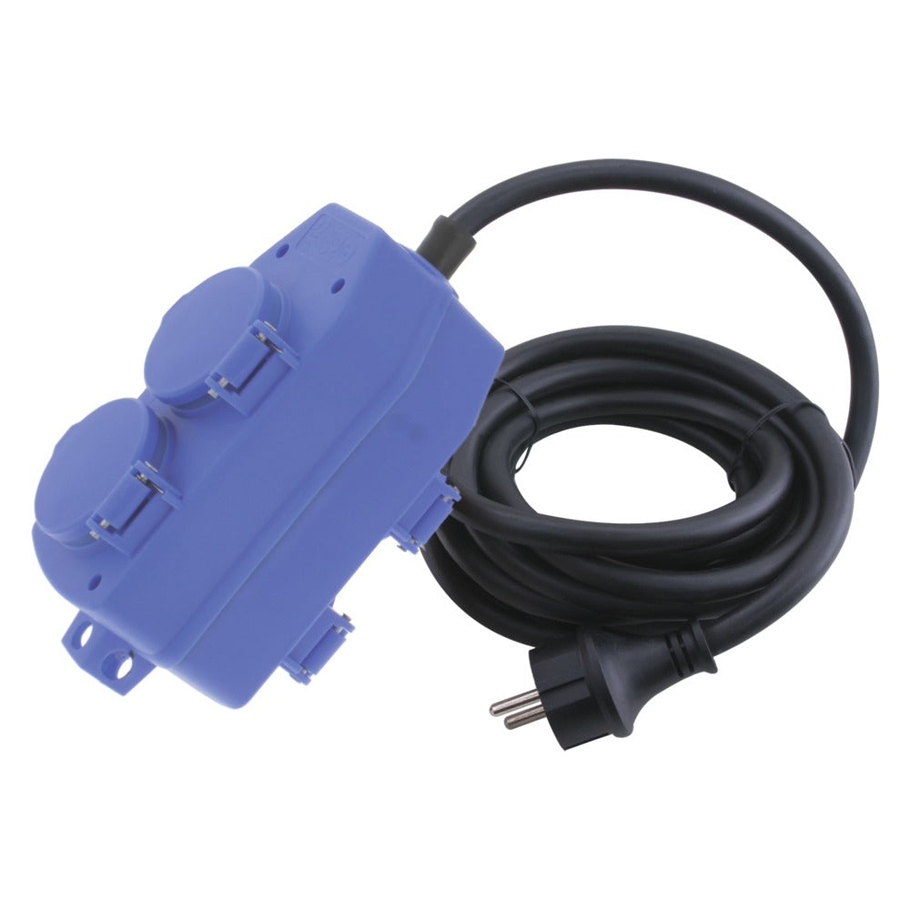 Q-link Stekkerdoos blok 4-voudig 3x1,5 mm2 randaarde spatwaterdicht met 5mtr snoer blauw-601150