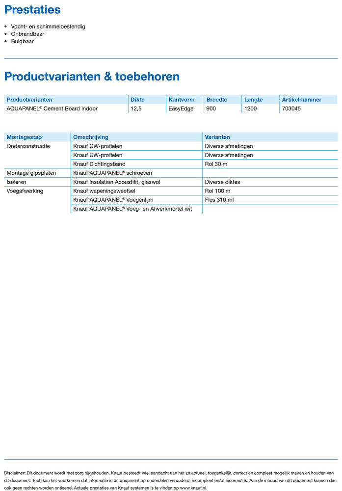 Knauf Aquapanel Cementboard Indoor 90x120cm 12,5mm-703045