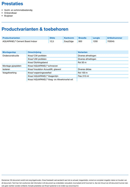 Knauf Aquapanel Cementboard Indoor 90x120cm 12,5mm-703045