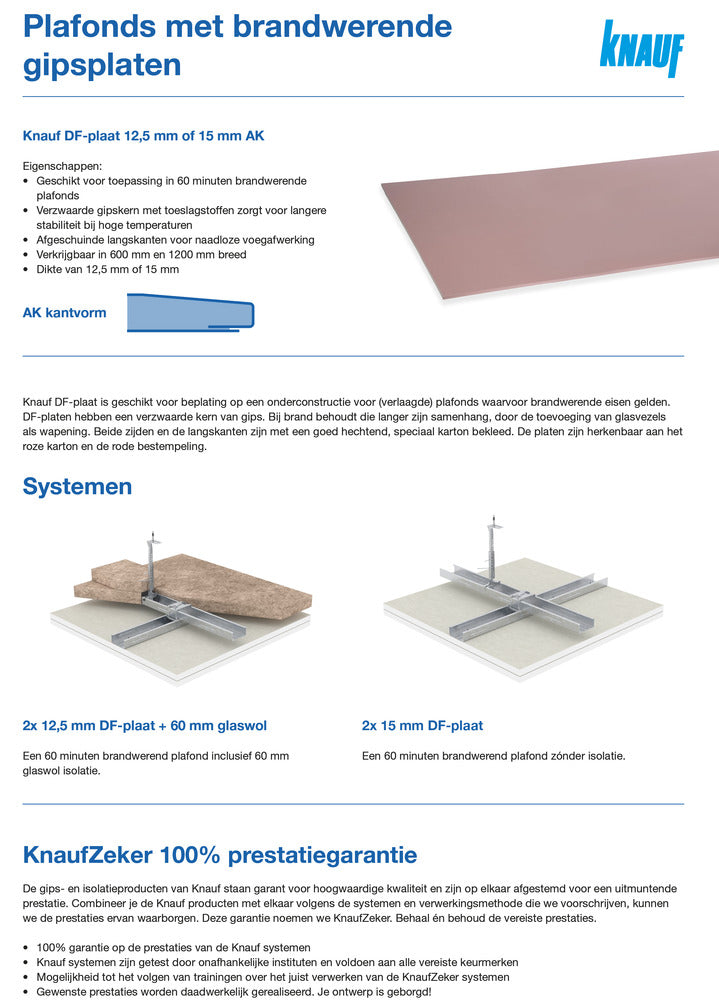 Knauf Gipsplaat DF AK Brandwerend 260x120cm 12,5mm-734082