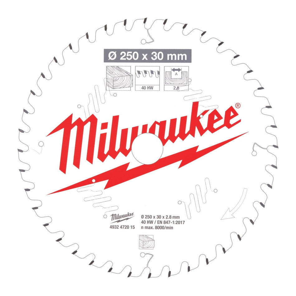 Milwaukee Cirkelzaagblad MS W 40ATB 250x30x2,8mm-755649