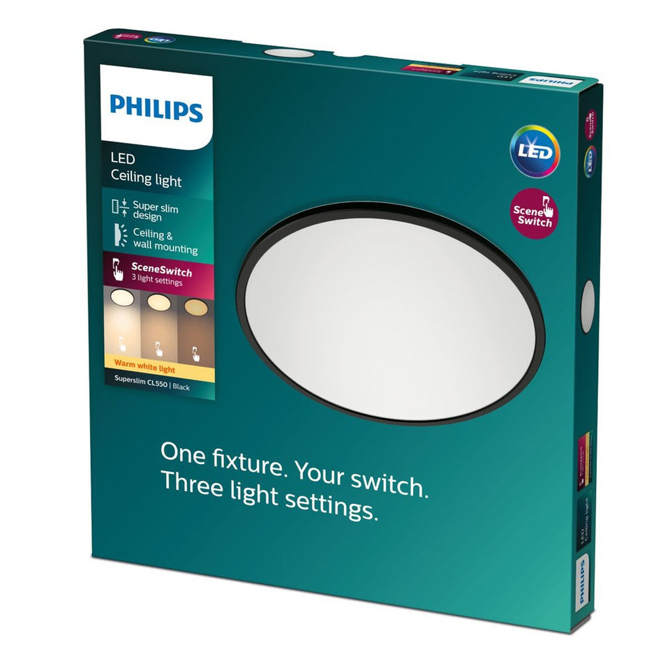 Philips Plafondlamp Superslim CL550 Zwart Rond 15W 3-Staps Dimbaar IP20 Ø25cm-758031