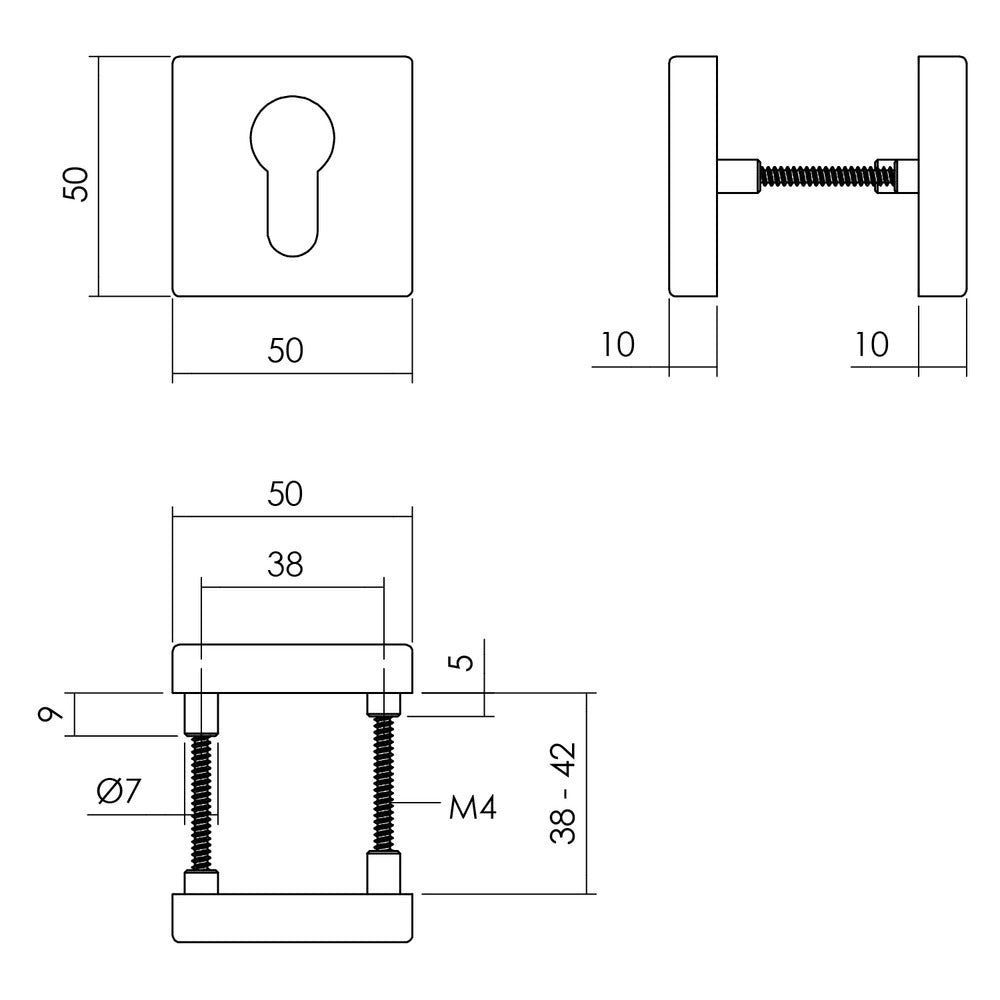 Intersteel Rozet Met Profielcilindergat 50x50x10mm + 7mm Nokken Zwart-759100
