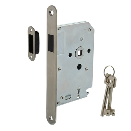 Intersteel Woningbouw Magneet Klavier Dag- en Nachtslot 55mm Voorplaat Afgerond RVS 20x174 doorn 50mm Incl. Sluitplaat/kom En 2 Sleutels-759687