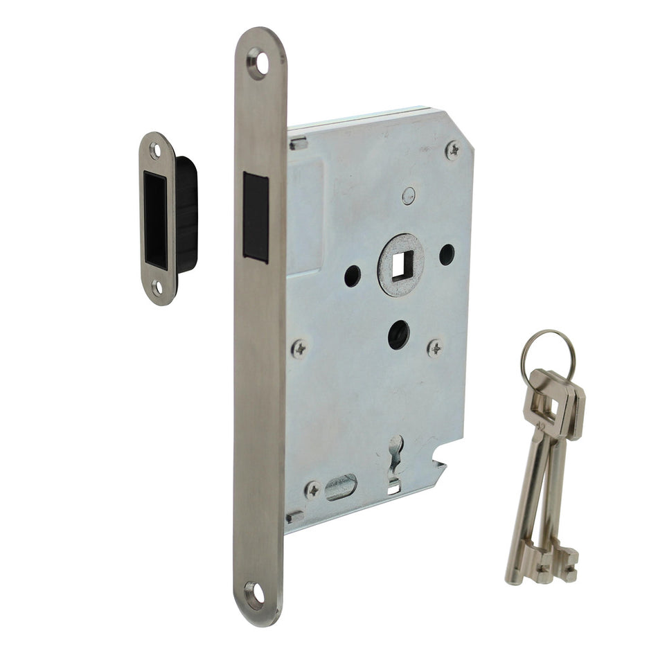 Intersteel Woningbouw Magneet Klavier Dag- en Nachtslot 55mm Voorplaat Afgerond RVS 20x174 doorn 50mm Incl. Sluitplaat/kom En 2 Sleutels-759687