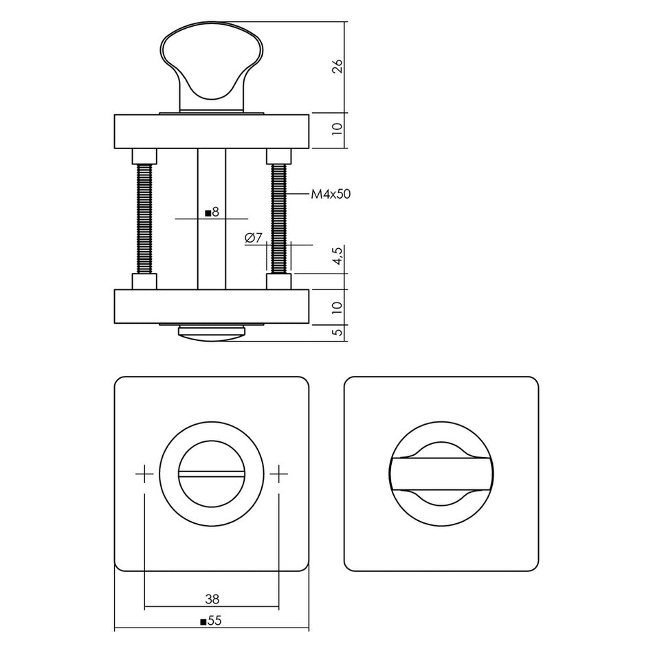 WC-sluiting 8mm Verdekt Vierkant 55x55x10mm 7mm Nokken Antraciet-Grijs-820491