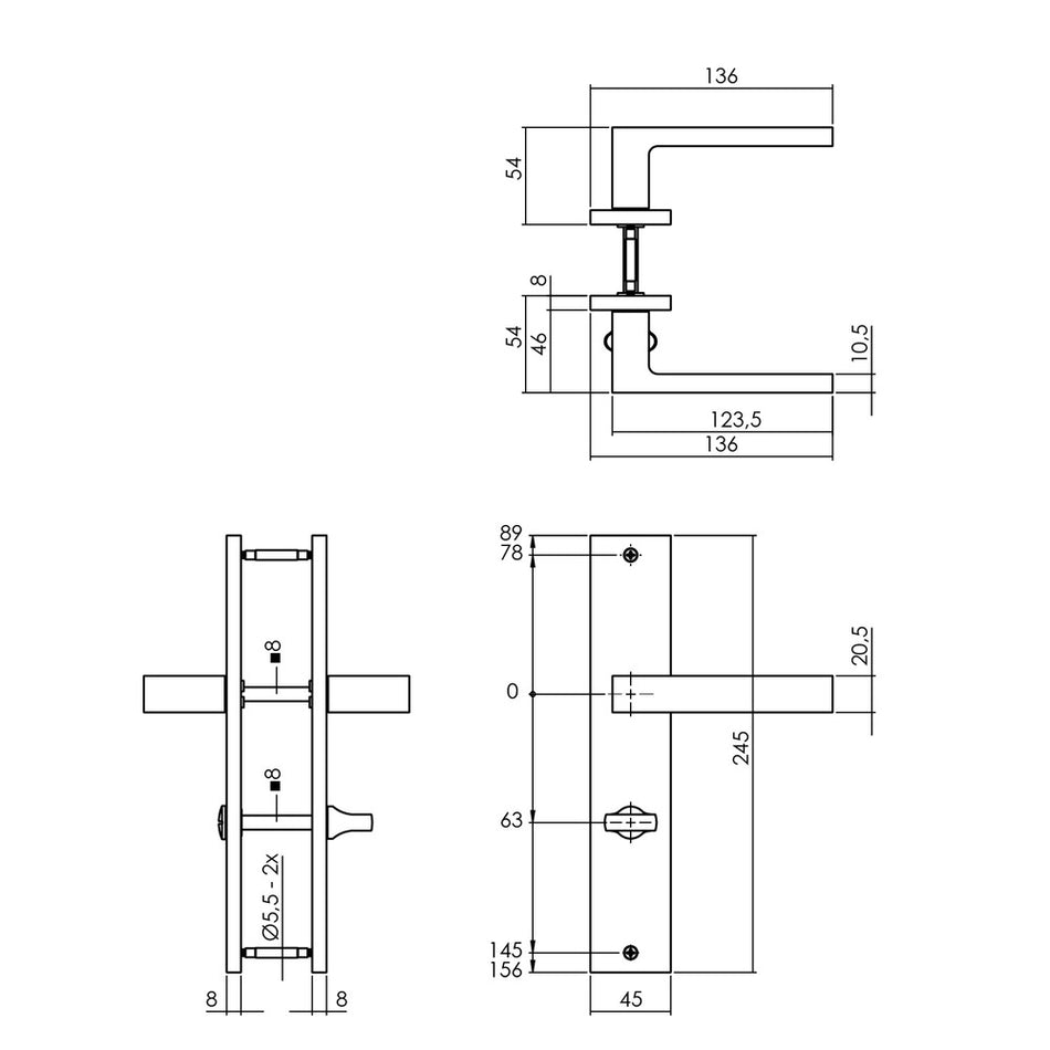 Deurkruk Hera Op Geveerd Langschild 245x45mm WC63/8mm Mat Zwart-820493