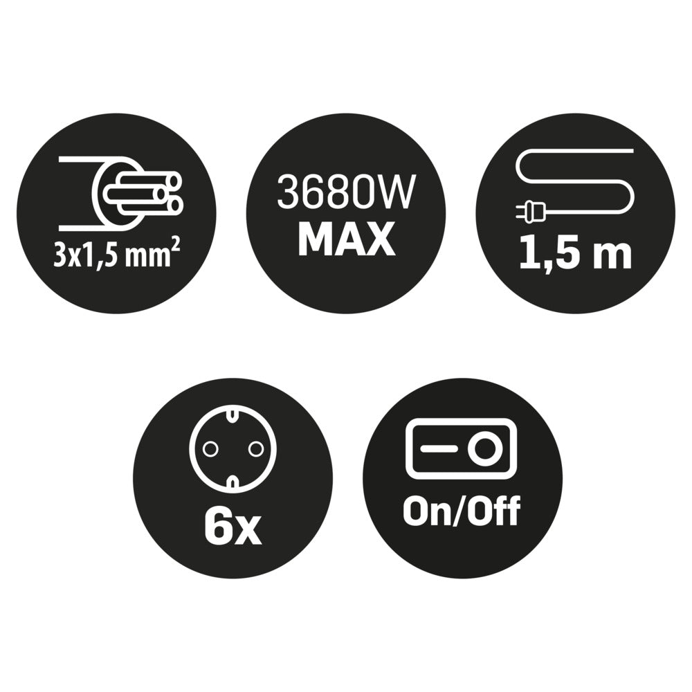 Q-Link Stekkerdoos 6-Voudig Zwart Randaarde 3680W 3x1,5mm2 1,5m-820831