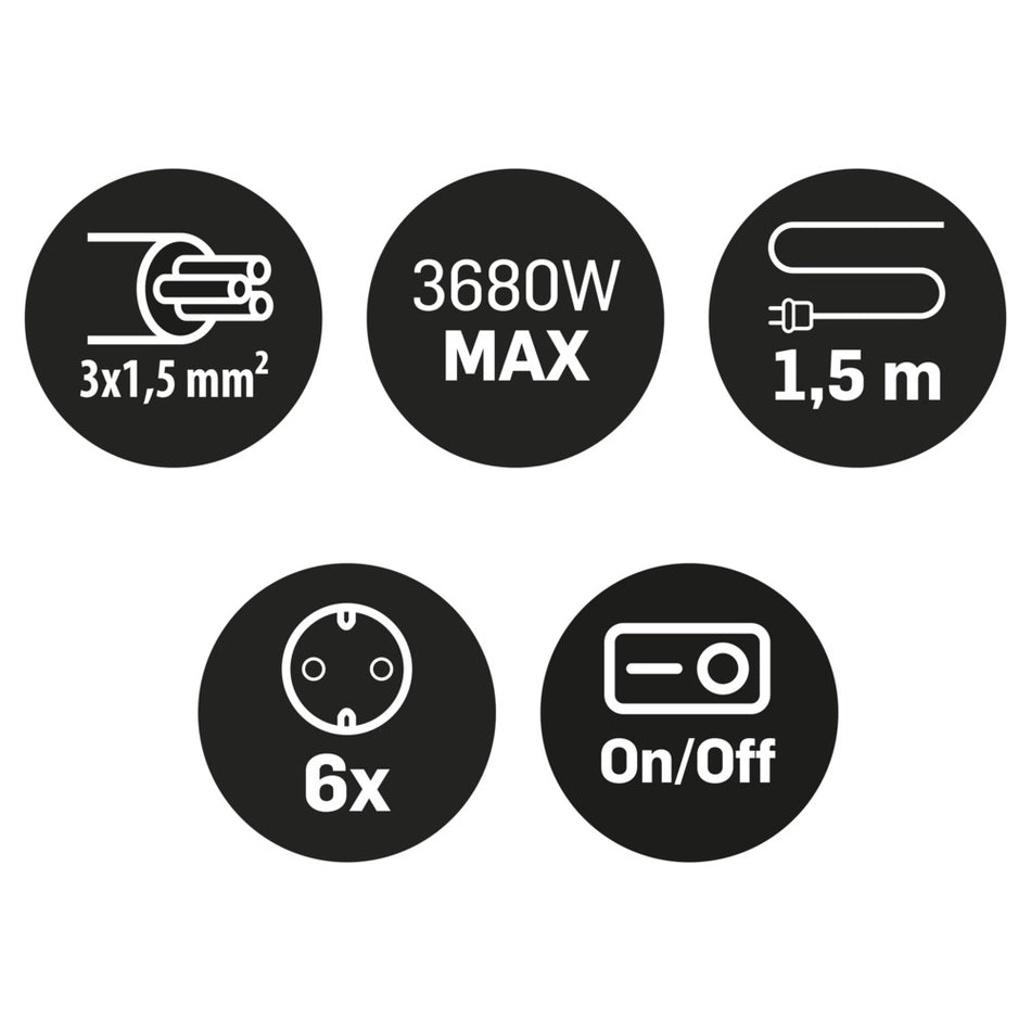 Q-Link Stekkerdoos 6-Voudig Zwart Randaarde 3680W 3x1,5mm2 1,5m-820831
