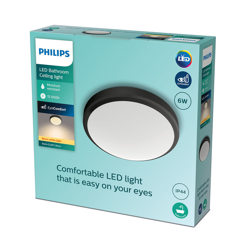Philips Plafondlamp Doris CL257 Zwart Rond 6W IP44 Ø22cm-824784