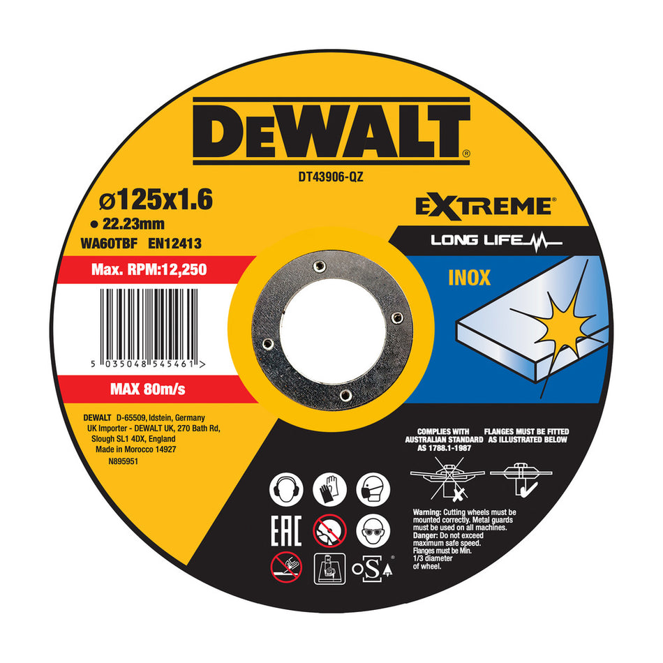 DeWALT Extreme 2X Doorslijpschijf RVS 125x1,6x22,2mm-856422