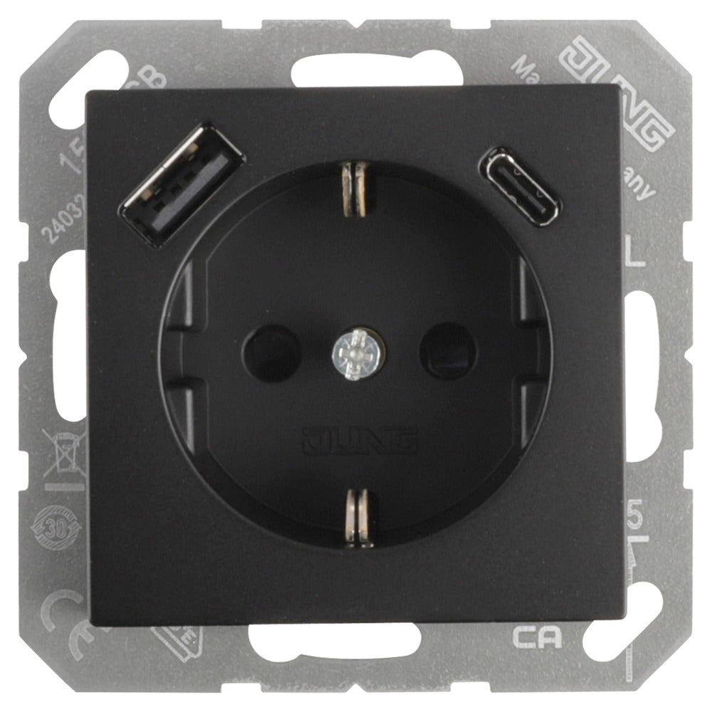 Jung A550 Inbouw Contactdoos 1-Voudig Randaarde USB A/C Mat Zwart-866233