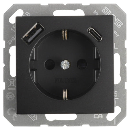 Jung A550 Inbouw Contactdoos 1-Voudig Randaarde USB A/C Mat Zwart-866233
