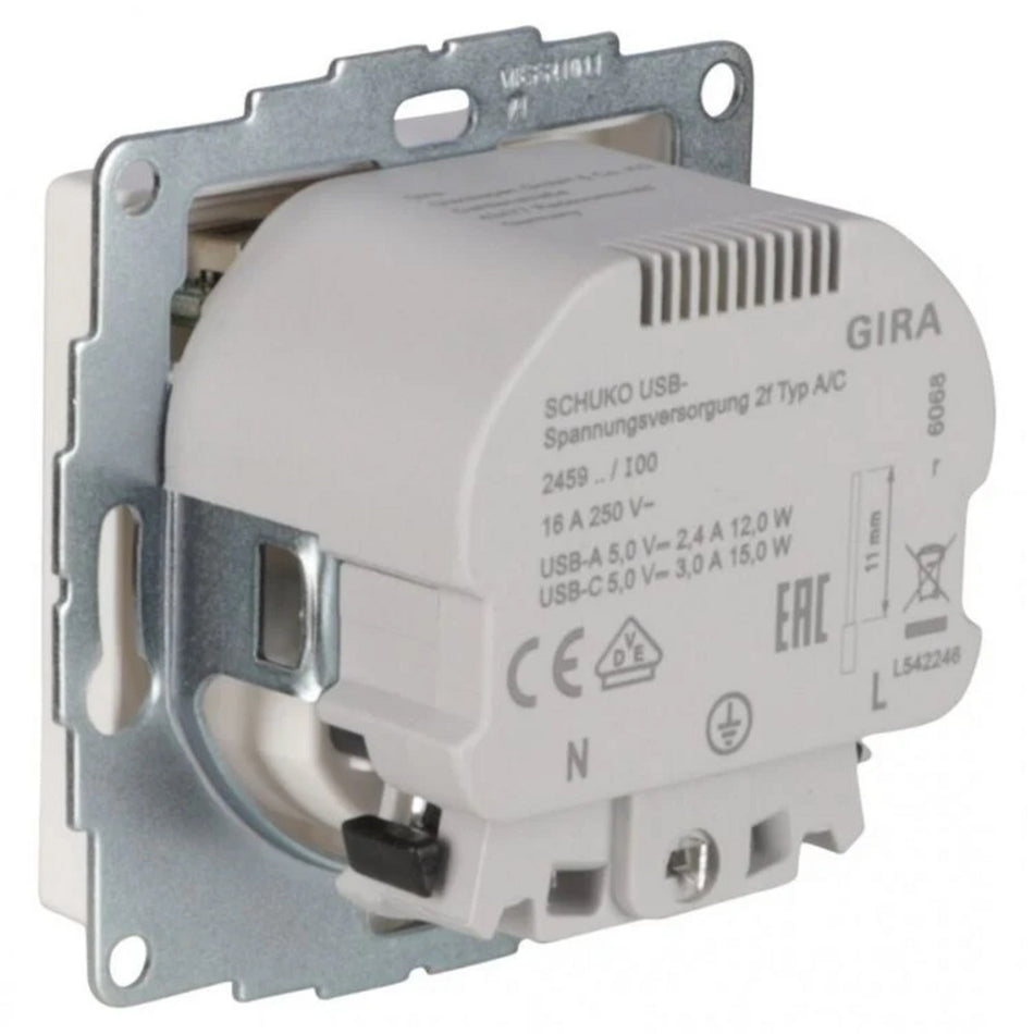 Gira System 55 Inbouw Contactdoos 1-Voudig USB A/C Polarwit-866251