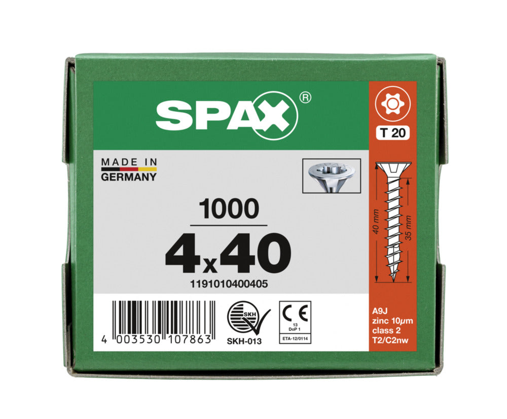 SPAX Universele Schroef Verzinkt VK 4x40mm Voldraad T-STAR Plus T20 1000st-918541