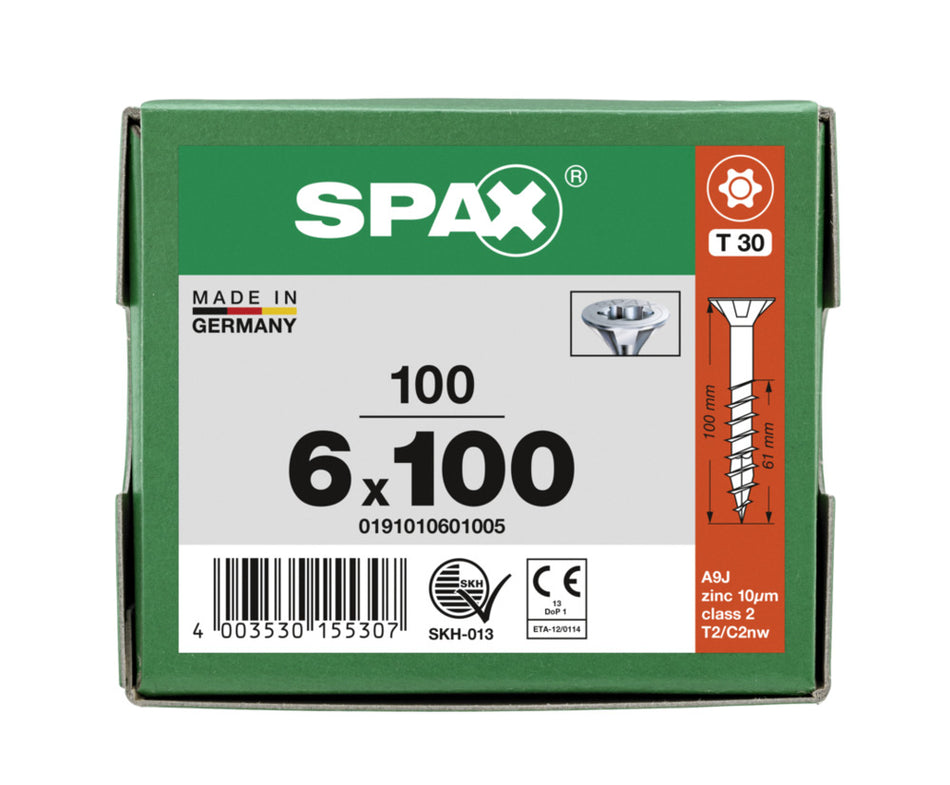 SPAX Universele Schroef Verzinkt VK 6x100mm Deeldraad T-STAR Plus T30 100st-918550