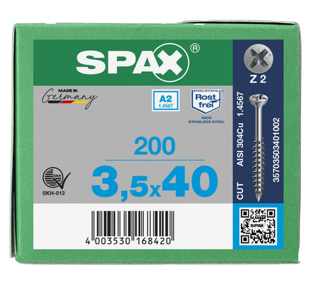 SPAX Glaslatschroef RVS VK 3,5x40mm Deeldraad PZ2 A2 200st-918606