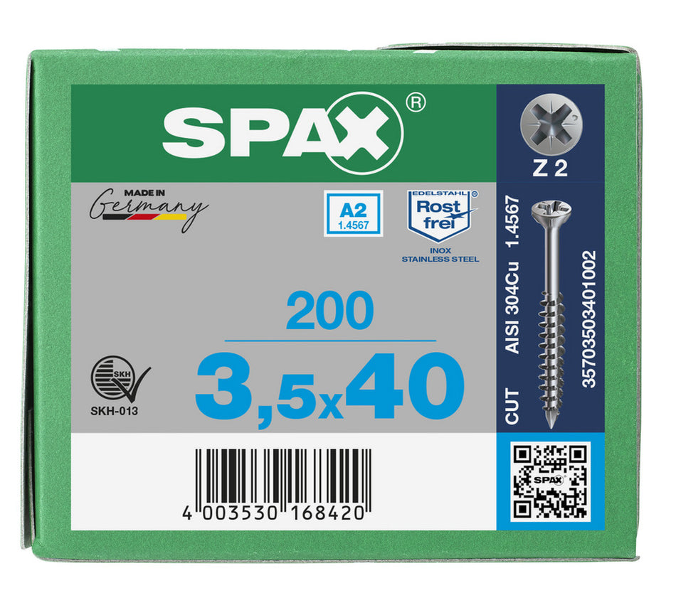 SPAX Glaslatschroef RVS VK 3,5x40mm Deeldraad PZ2 A2 200st-918606