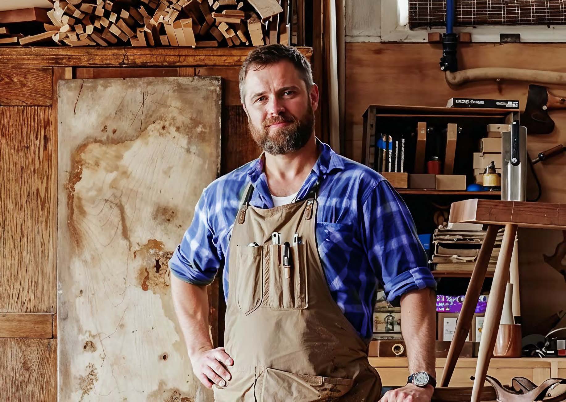 Meubelmaker in een houtwerkplaats met houten meubels, gereedschap en houtmaterialen