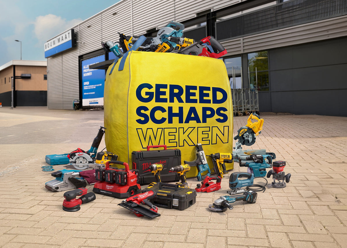 Gereedschapsweken met professioneel gereedschap van verschillende merken bij Bouwmaat