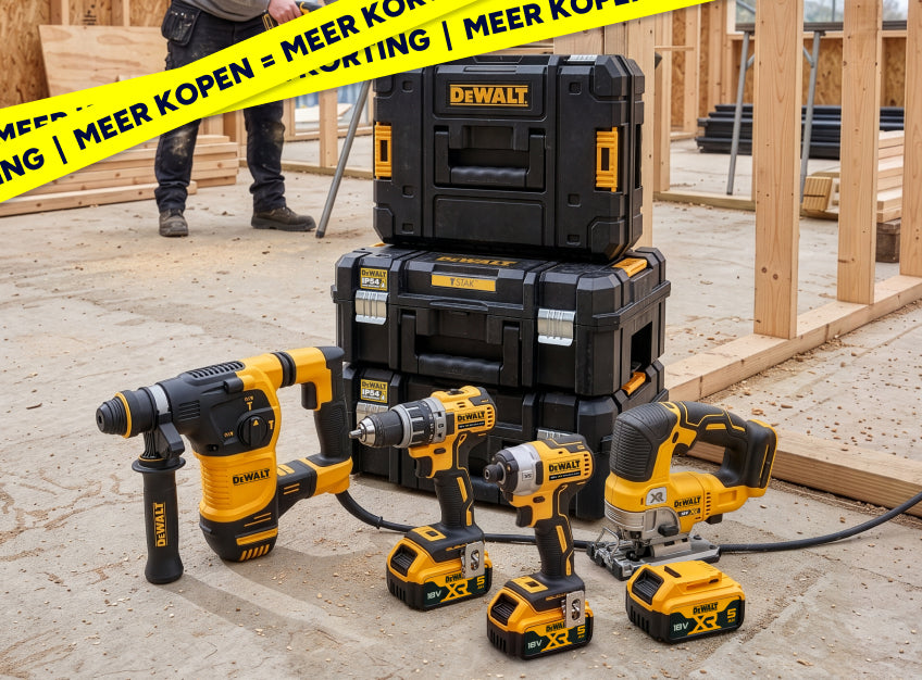 Stapelkorting DeWalt, elektrisch gereedschap en gereedschapskoffers op een bouwplaats.