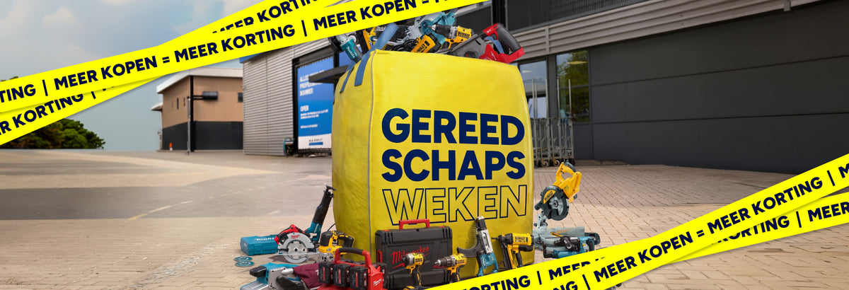 Gereedschapsweken bij Bouwmaat met elektrisch gereedschap van verschillende merken. - banner