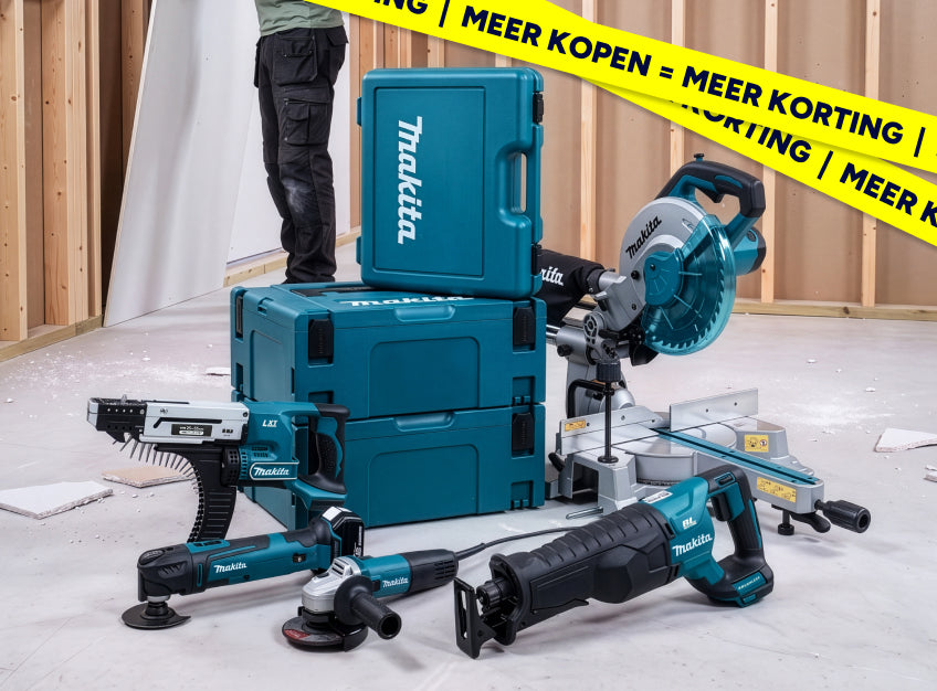 Stapelkorting Makita, elektrisch gereedschap en gereedschapskoffers in een ruimte in aanbouw.