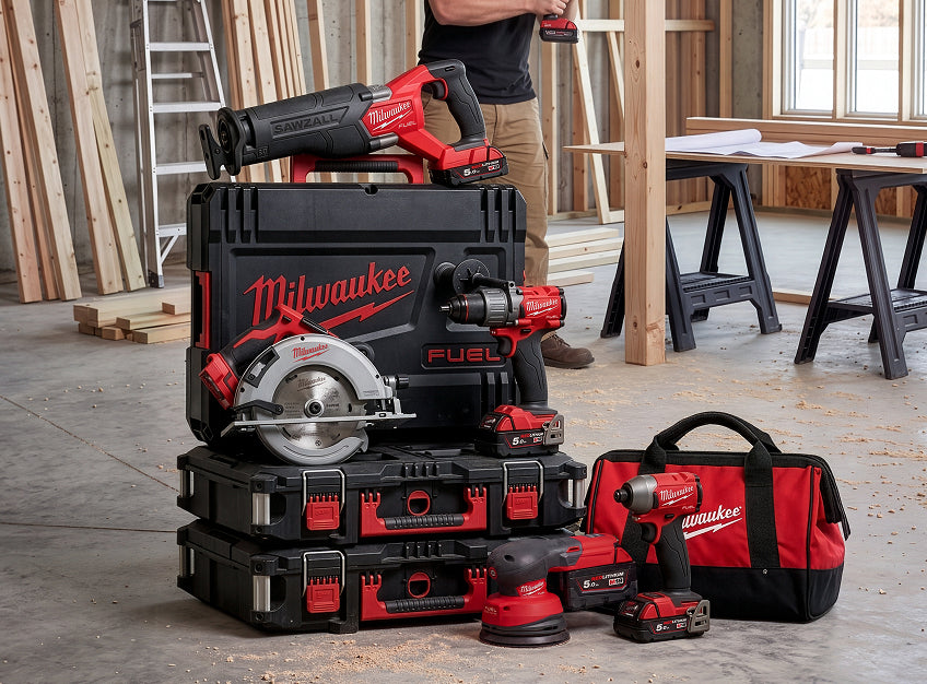 Stapelkorting Milwaukee, elektrisch gereedschap, gereedschapskoffers en tas in een ruimte in aanbouw.