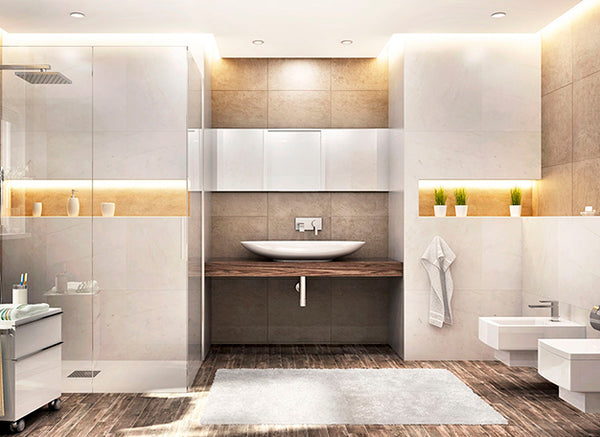 Moderne badkamer met inloopdouche, wastafelmeubel en sfeervolle verlichting - card 2
